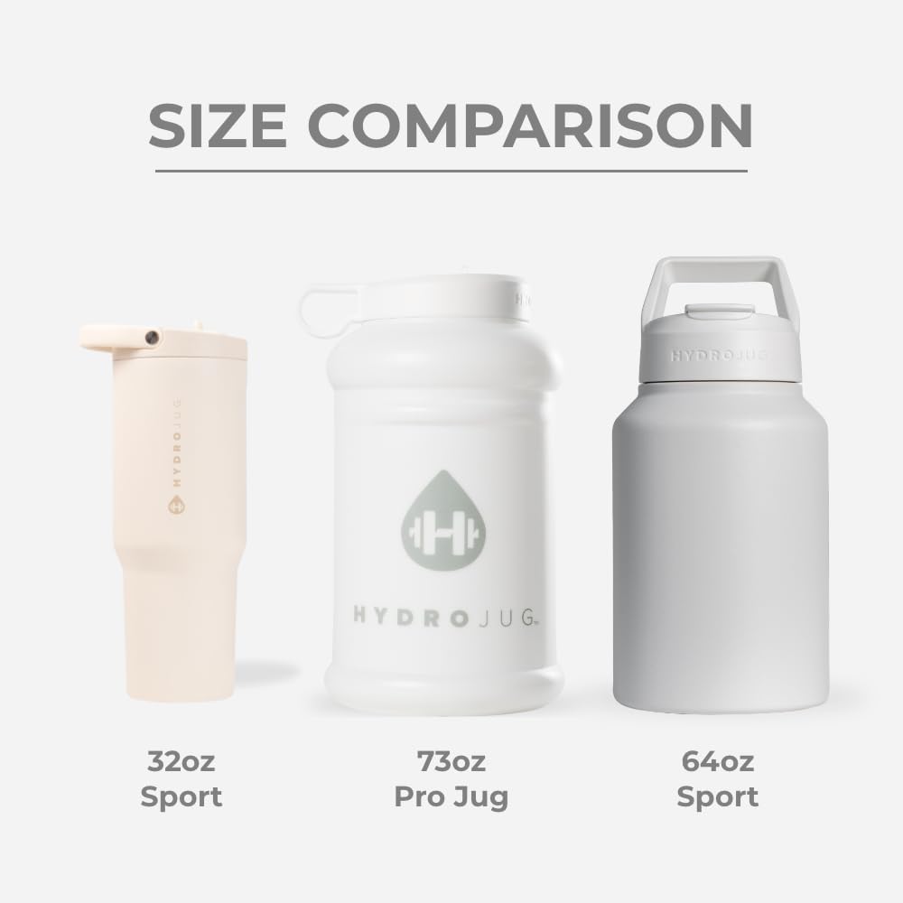 HydroJug Half Gallon Water Bottle 73oz - Refillable, Reusable Jug With Carry Handle - Leakproof Guarantee - Great For On-The-Go Hydration - Dishwasher Safe, BPA Free, White (Pro Jug V2)