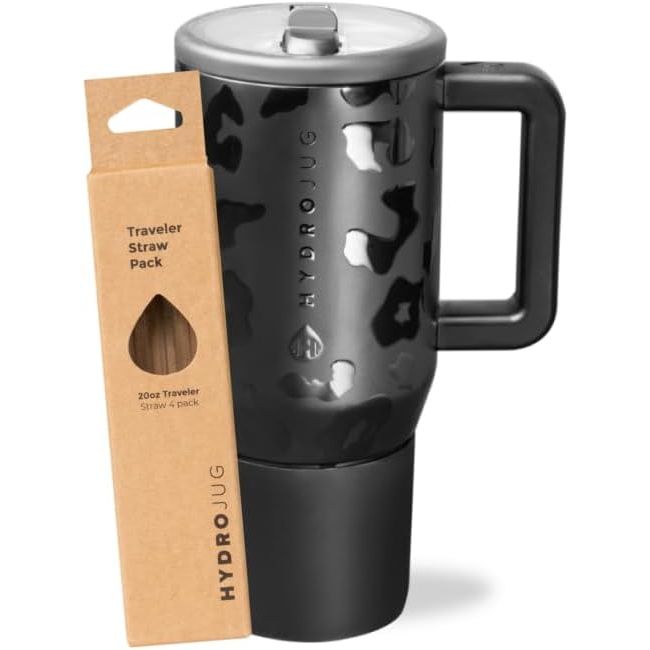 HydroJug Black Leopard 20oz Traveler + Replacement Straws