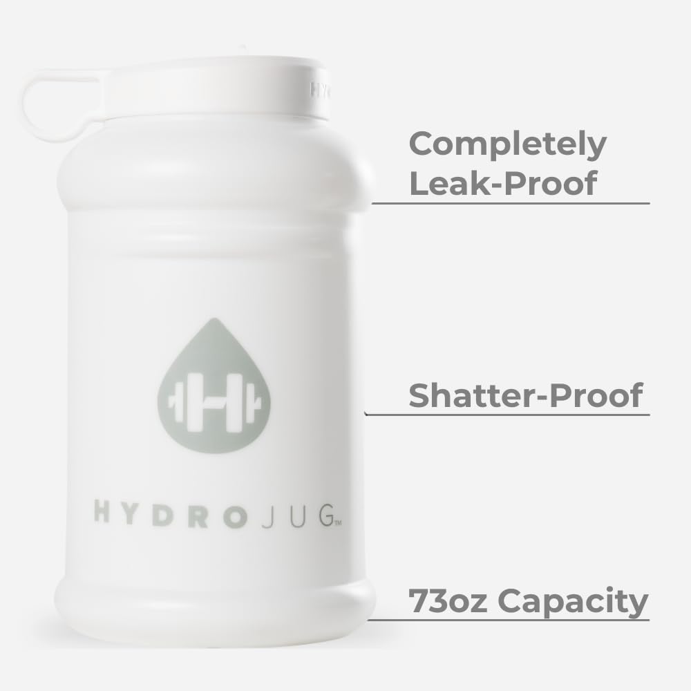 HydroJug Half Gallon Water Bottle 73oz - Refillable, Reusable Jug With Carry Handle - Leakproof Guarantee - Great For On-The-Go Hydration - Dishwasher Safe, BPA Free, White (Pro Jug V2)