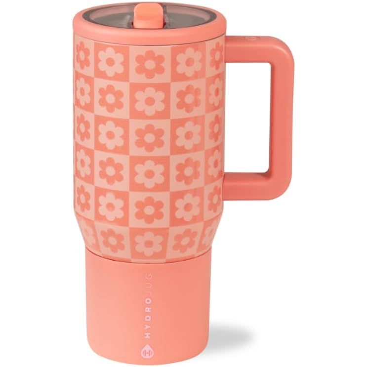 HydroJug Traveler - 20 oz Water Bottle with Handle & Flip Straw - Fits in Cup Holder, Leak Resistant Tumbler-Reusable Insulated Stainless Steel & Rubber Base - Gifts for Women & Men, Wildrose