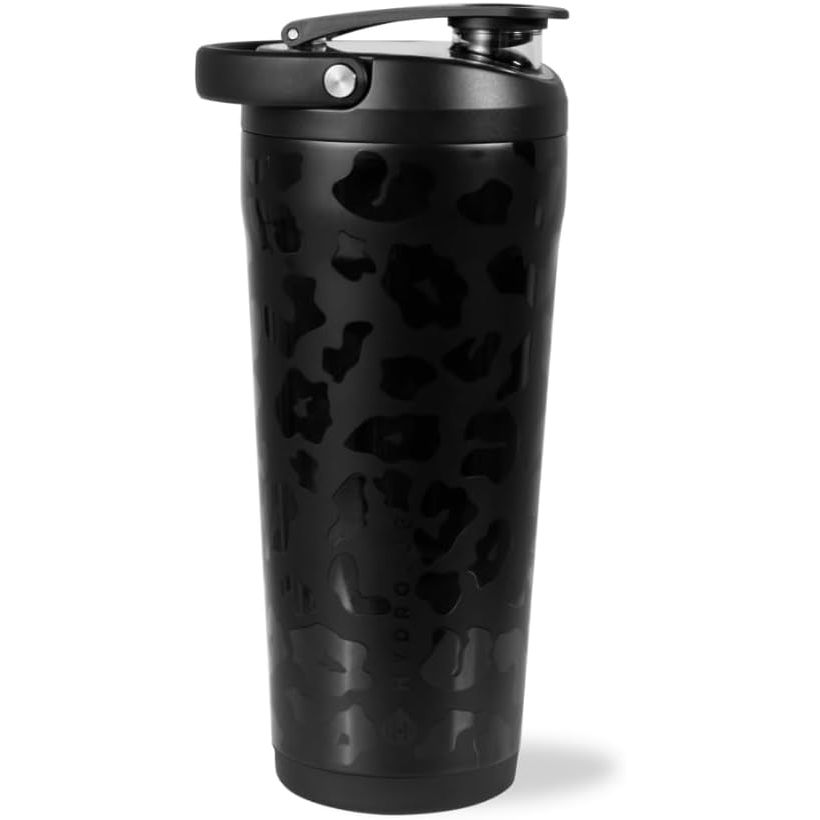HydroJug 24 oz New Stainless Steel Shaker – Insulated, Leakproof, BPA-Free with Silent Mixing Grate – No Clumps, No Noise – Premium Shaker for Fitness, Sports & Everyday Use, Black Leopard