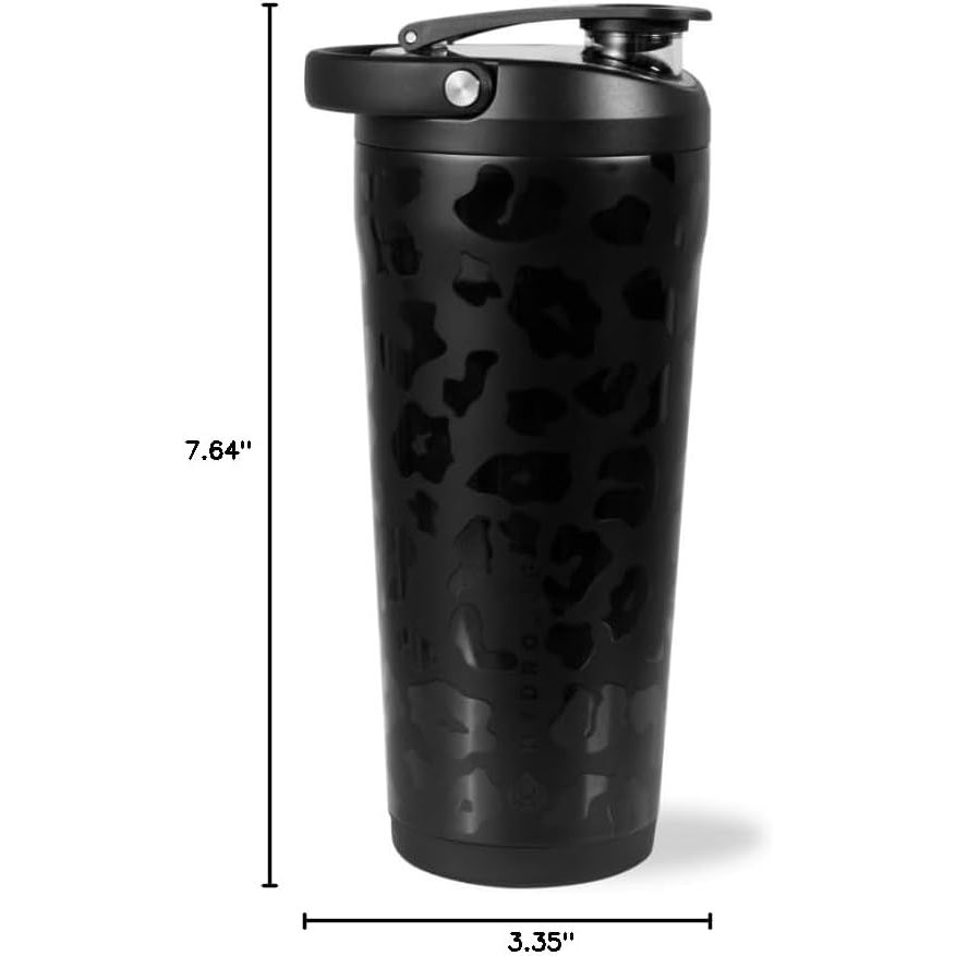 HydroJug 24 oz New Stainless Steel Shaker – Insulated, Leakproof, BPA-Free with Silent Mixing Grate – No Clumps, No Noise – Premium Shaker for Fitness, Sports & Everyday Use, Black Leopard