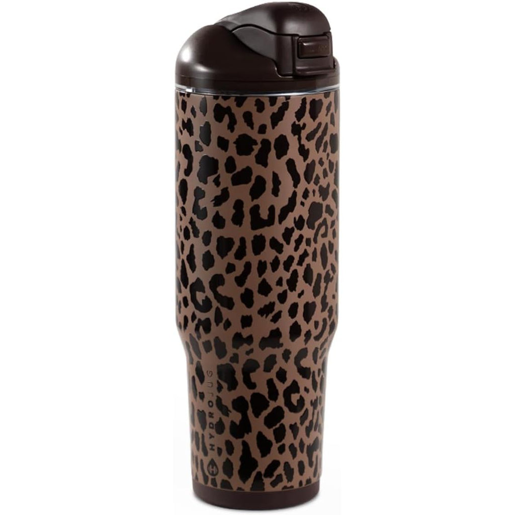 HydroJug Ease2o Water Bottle with Straw & Chug Lid, Stainless Steel, Vented Cap to Help Reduce Pressure, Water-Level Window, Cup Holder Friendly, Non-Slip Base – 32oz, Brown Leopard