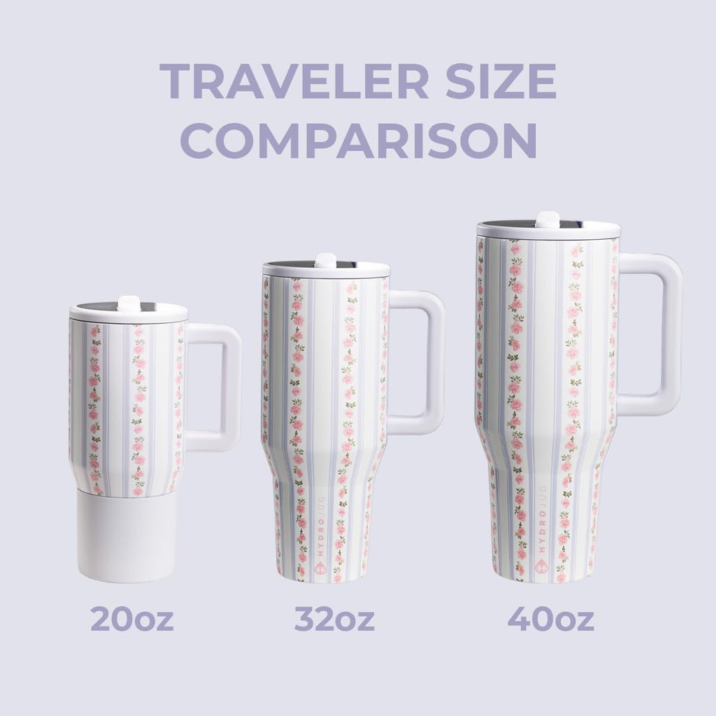 HydroJug Traveler - 32 oz Water Bottle with Handle & Flip Straw - Fits in Cup Holder, Leak Resistant Tumbler-Reusable Insulated Stainless Steel & Rubber Base - Gifts for Women & Men, Primrose