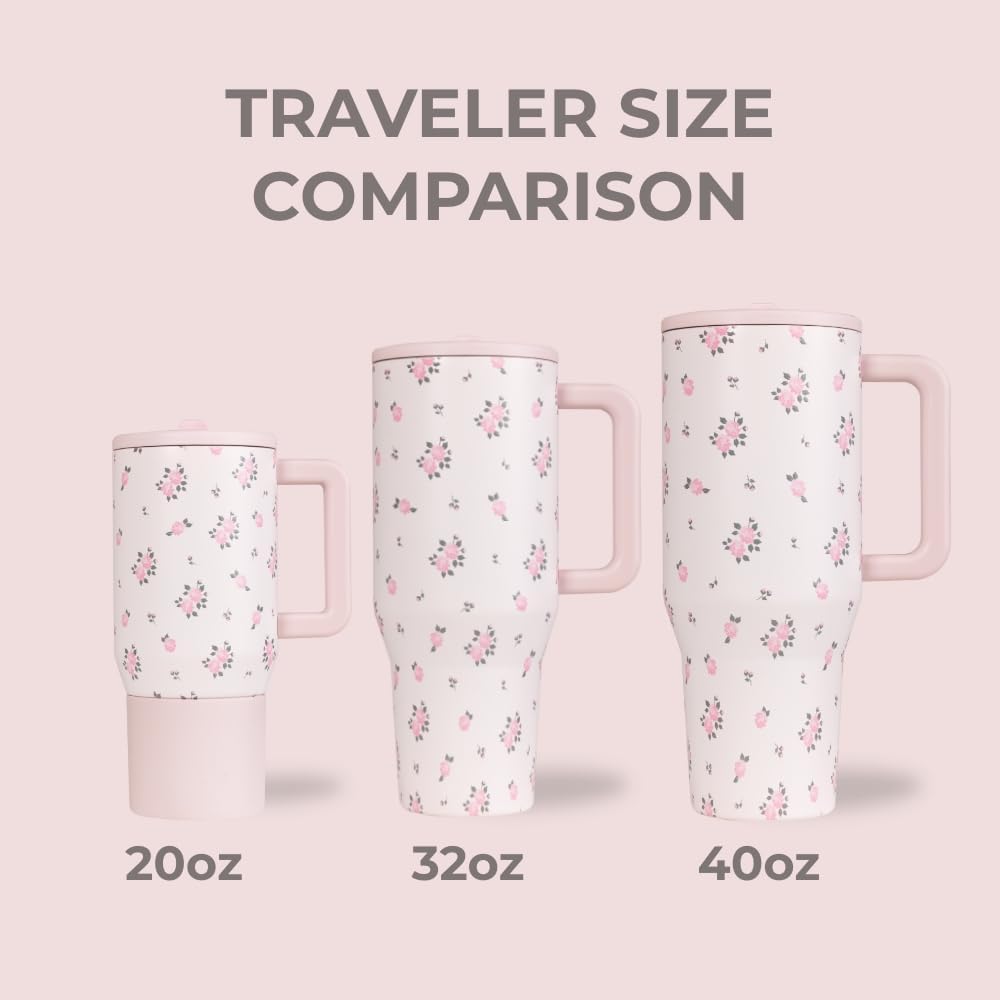HydroJug Traveler - 20 oz Water Bottle with Handle & Flip Straw - Fits in Cup Holder, Leak Resistant Tumbler-Reusable Insulated Stainless Steel & Rubber Base - Gifts for Women & Men, Wildrose