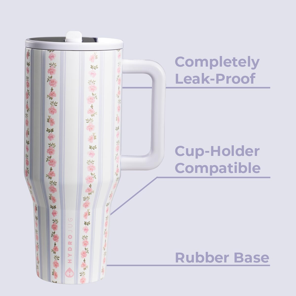 HydroJug Traveler - 32 oz Water Bottle with Handle & Flip Straw - Fits in Cup Holder, Leak Resistant Tumbler-Reusable Insulated Stainless Steel & Rubber Base - Gifts for Women & Men, Primrose