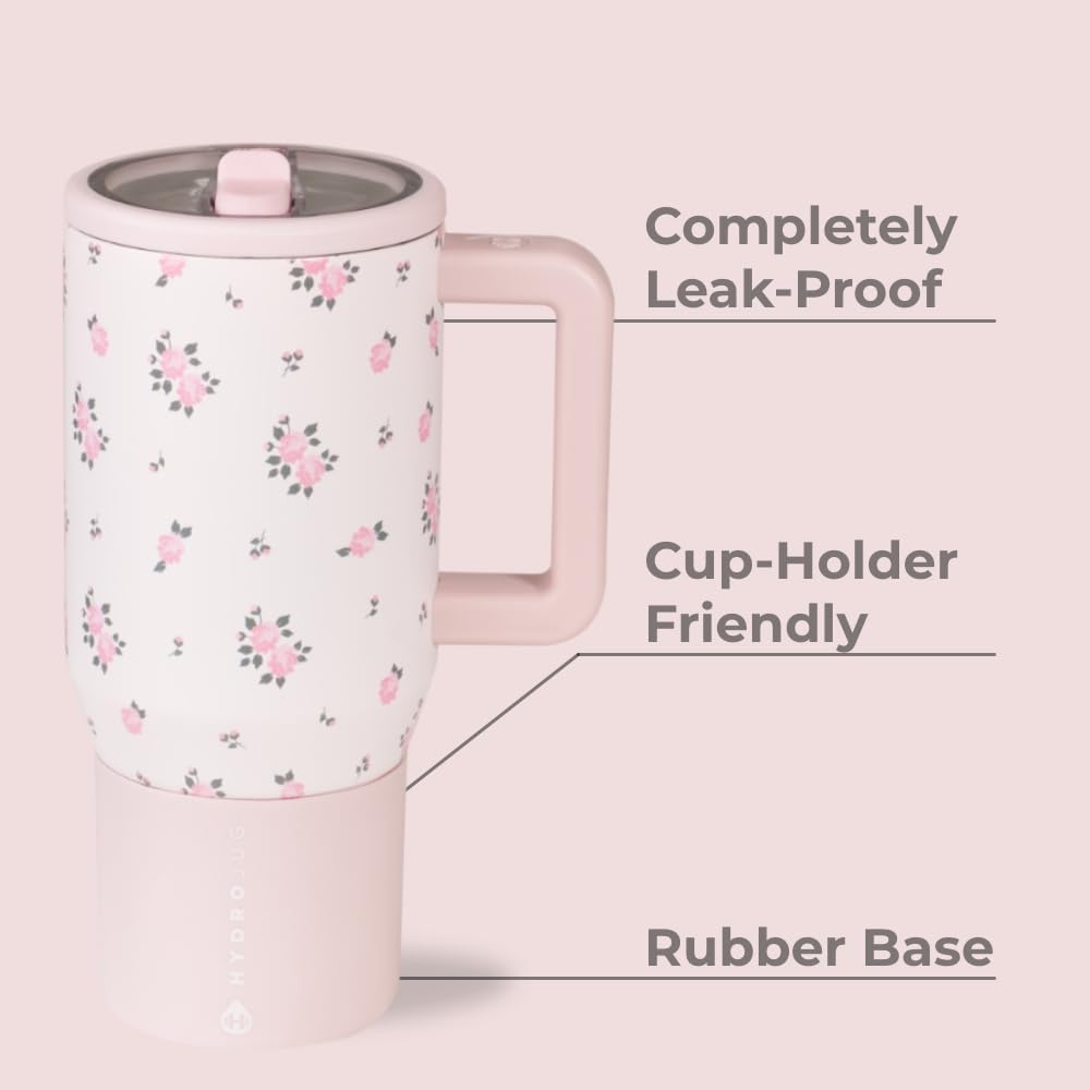 HydroJug Traveler - 20 oz Water Bottle with Handle & Flip Straw - Fits in Cup Holder, Leak Resistant Tumbler-Reusable Insulated Stainless Steel & Rubber Base - Gifts for Women & Men, Wildrose
