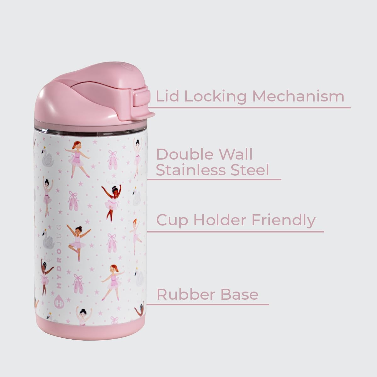 HydroJug Ease2o 14oz Kids Insulated Stainless Steel Water Bottle, Dual Straw & Chug Lid, Leak-Resistant Locking Lid, Vented Cap, Cup Holder Friendly, BPA-Free – Ballerina