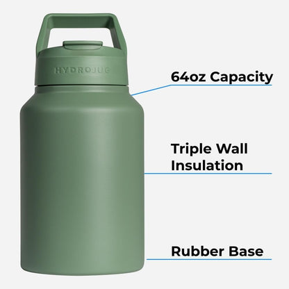 HydroJug Sport - Stainless Steel Tumbler with Straw, Vacuum Insulated, 64oz Leakproof Water Bottle, Ergonomic Design, Reusable, Dishwasher Safe, Rubber Base, Durable for Gym or Outdoors, Sage
