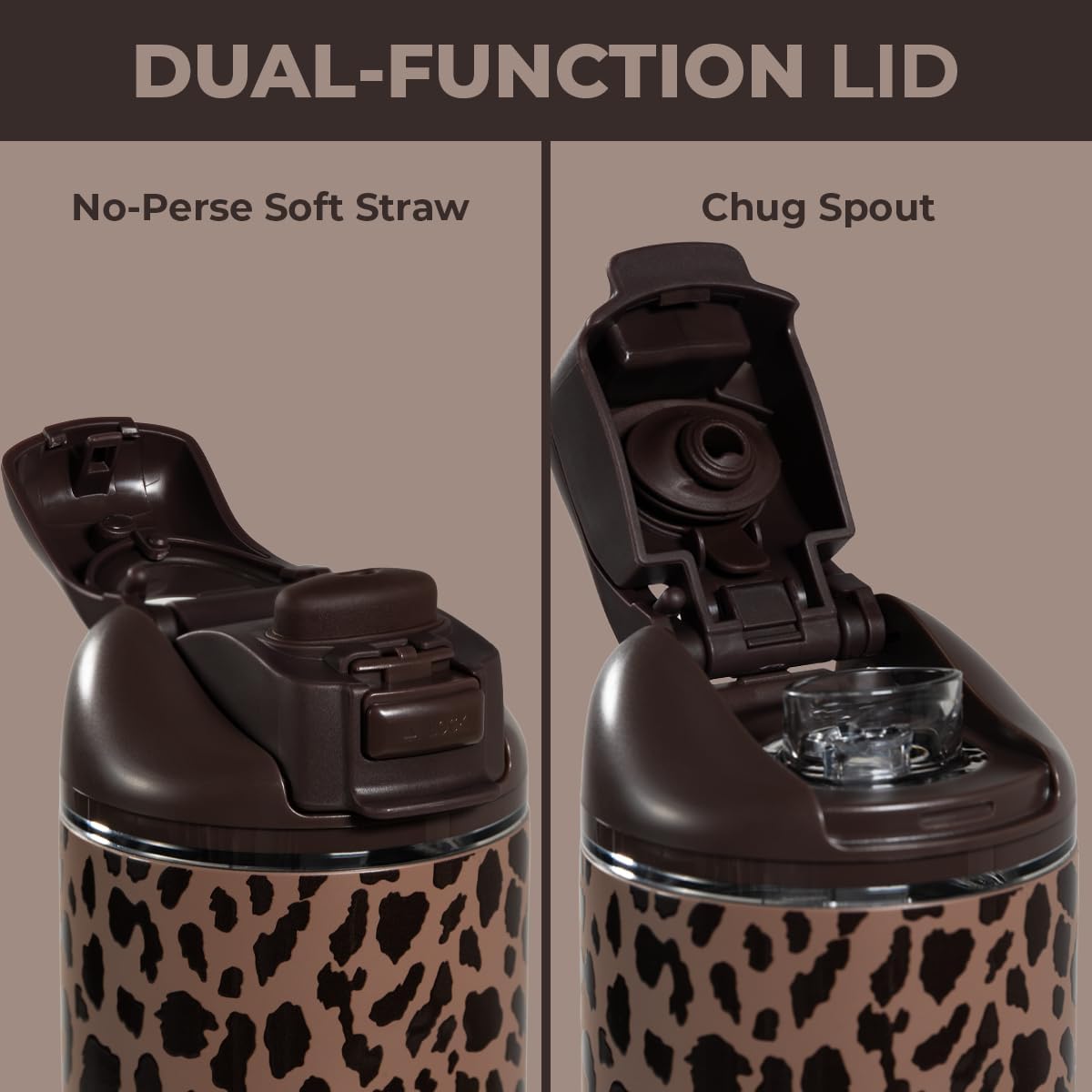 HydroJug Ease2o Water Bottle with Straw & Chug Lid, Stainless Steel, Vented Cap to Help Reduce Pressure, Water-Level Window, Cup Holder Friendly, Non-Slip Base – 32oz, Brown Leopard