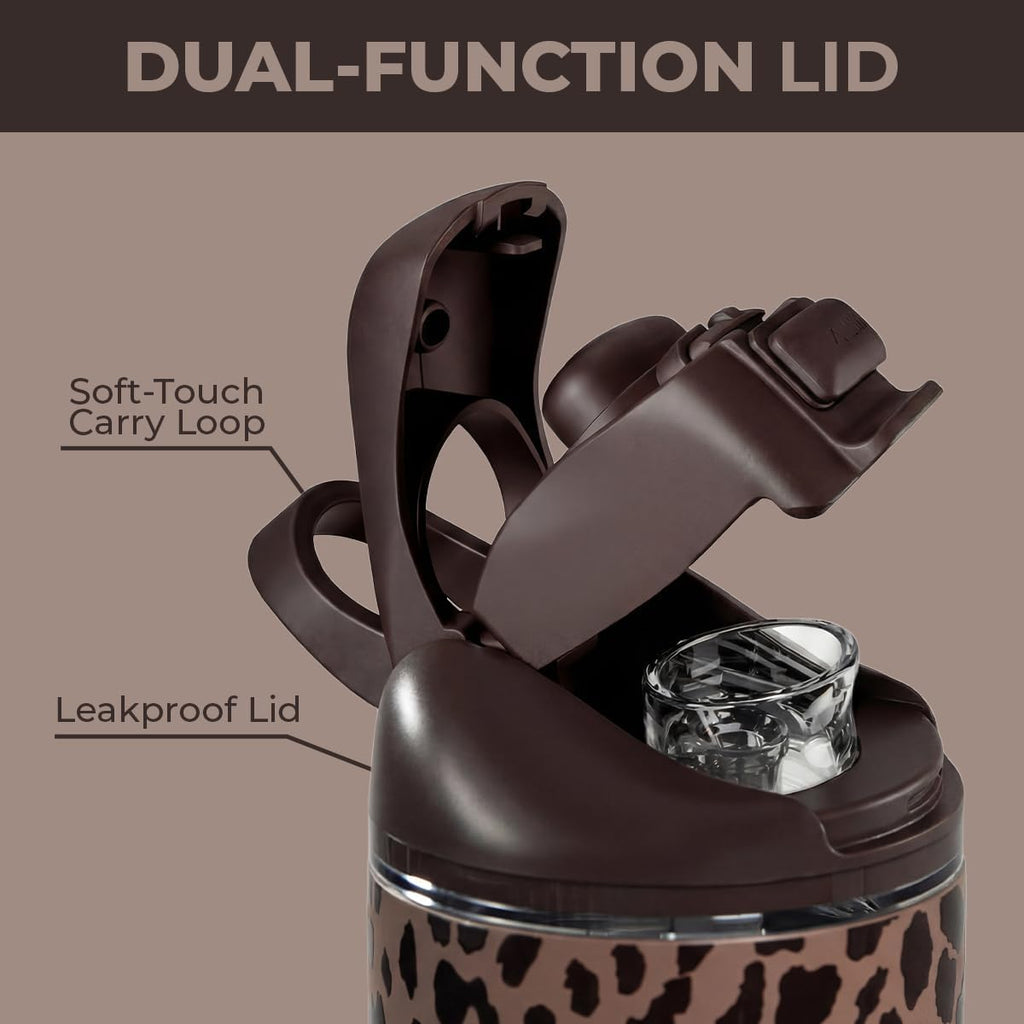 HydroJug Ease2o Water Bottle with Straw & Chug Lid, Stainless Steel, Vented Cap to Help Reduce Pressure, Water-Level Window, Cup Holder Friendly, Non-Slip Base – 32oz, Brown Leopard