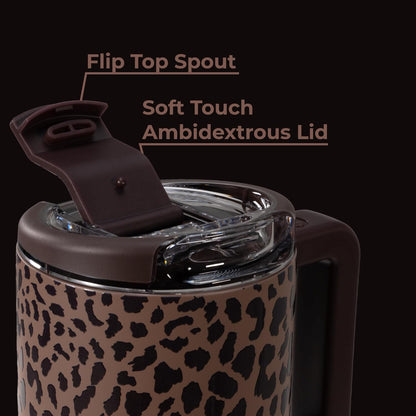 HydroJug Coffee Traveler 20 oz - Leak-Resistant, Ceramic-Lined Insulated Travel Coffee Mug for Hot or Cold Drinks with Flip Lid & Handle, Dishwasher Safe Coffee Tumbler, Brown Leopard