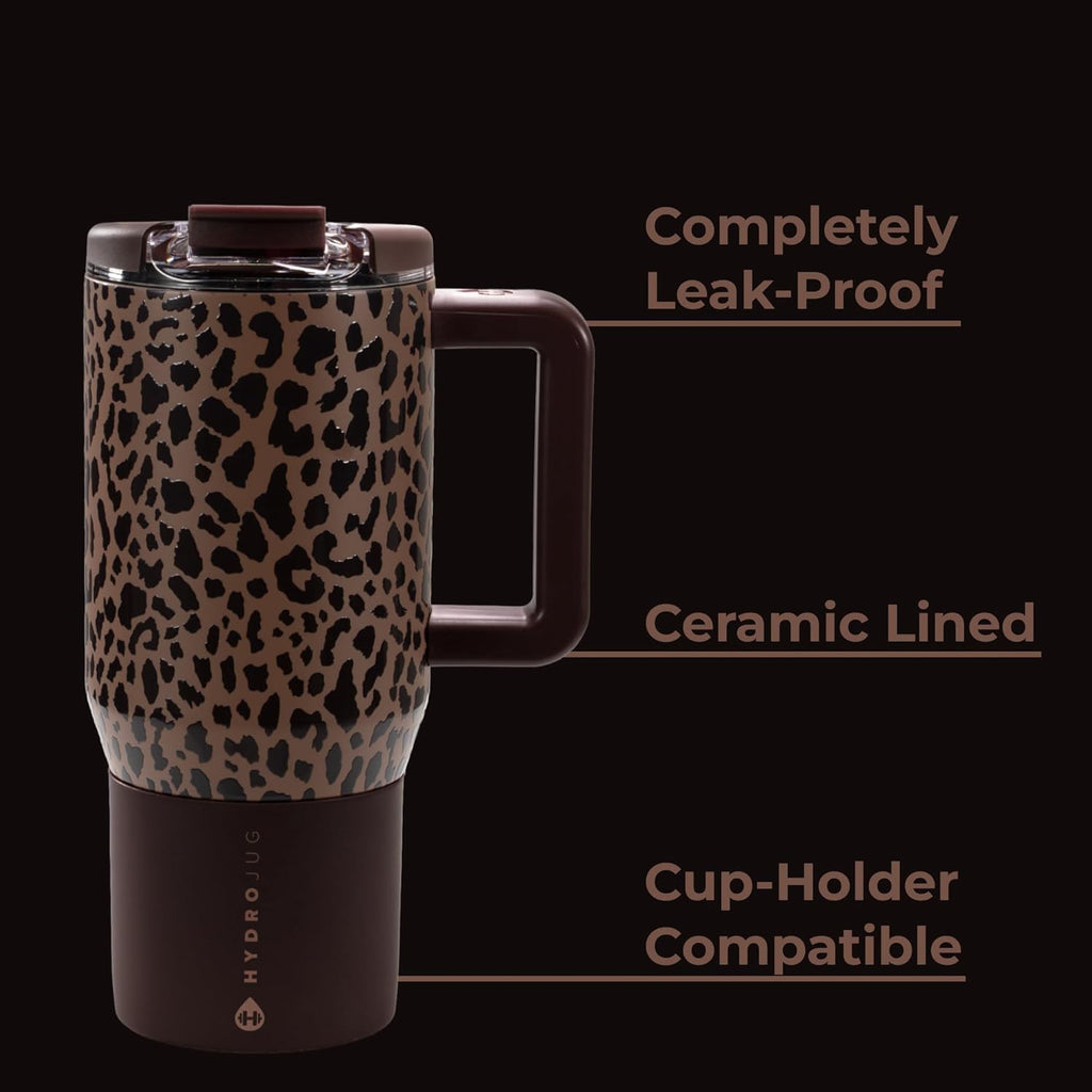 HydroJug Coffee Traveler 20 oz - Leak-Resistant, Ceramic-Lined Insulated Travel Coffee Mug for Hot or Cold Drinks with Flip Lid & Handle, Dishwasher Safe Coffee Tumbler, Brown Leopard