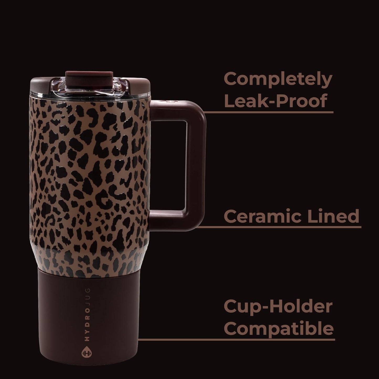 HydroJug Coffee Traveler 20 oz - Leak-Resistant, Ceramic-Lined Insulated Travel Coffee Mug for Hot or Cold Drinks with Flip Lid & Handle, Dishwasher Safe Coffee Tumbler, Brown Leopard