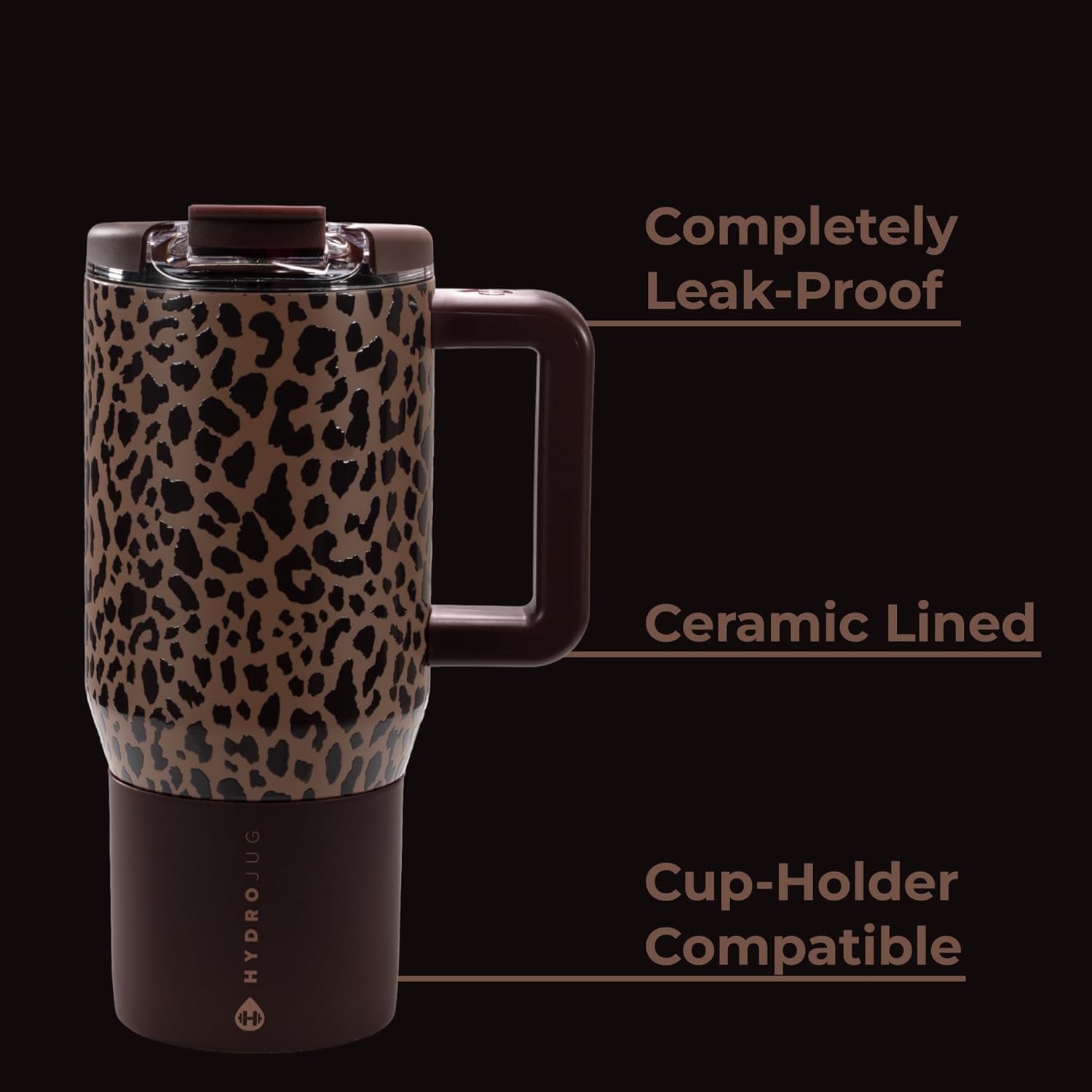 HydroJug Coffee Traveler 20 oz - Leak-Resistant, Ceramic-Lined Insulated Travel Coffee Mug for Hot or Cold Drinks with Flip Lid & Handle, Dishwasher Safe Coffee Tumbler, Brown Leopard