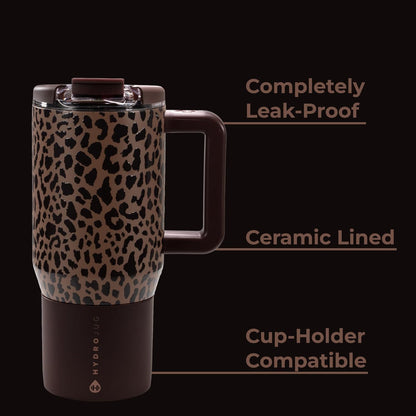 HydroJug Coffee Traveler 20 oz - Leak-Resistant, Ceramic-Lined Insulated Travel Coffee Mug for Hot or Cold Drinks with Flip Lid & Handle, Dishwasher Safe Coffee Tumbler, Brown Leopard